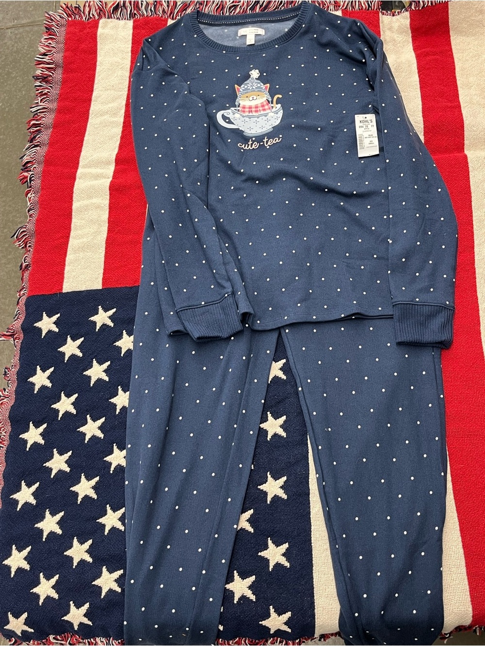 Women's Navy Polka Dot 'Cute-Tea' Long Sleeve Pajama Set Size Small NWT